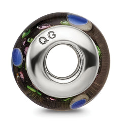 Sterling Silver Glass Bead with Hand-blown Blue Design, Antiqued Finish