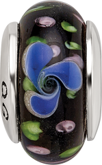 Sterling Silver Glass Bead with Hand-blown Blue Design, Antiqued Finish