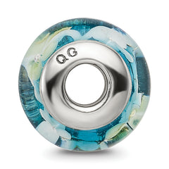 Sterling Silver Hand-Blown Glass Bead with Blue/Yellow Design