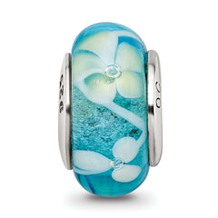 Sterling Silver Hand-Blown Glass Bead with Blue/Yellow Design