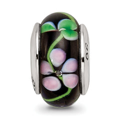 Sterling Silver 925 Hand-blown Glass Bead with Black/Red Design, Antiqued Finish