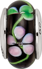 Sterling Silver 925 Hand-blown Glass Bead with Black/Red Design, Antiqued Finish