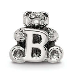 Sterling Silver 925 Kids Letter B Bead with Antiqued Polished Finish