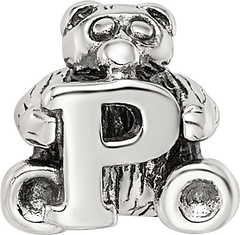 Sterling Silver 925 Antiqued Kids Letter P Bead with Polished Finish