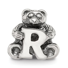 Sterling Silver 925 Kids Letter R Bead with Antiqued Polished Finish
