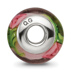 Kids Collection Sterling Silver Hand-blown Pink with Flower Pattern Glass Reflections Bead