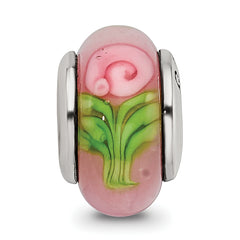 Kids Collection Sterling Silver Hand-blown Pink with Flower Pattern Glass Reflections Bead