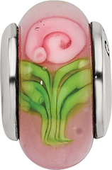 Kids Collection Sterling Silver Hand-blown Pink with Flower Pattern Glass Reflections Bead