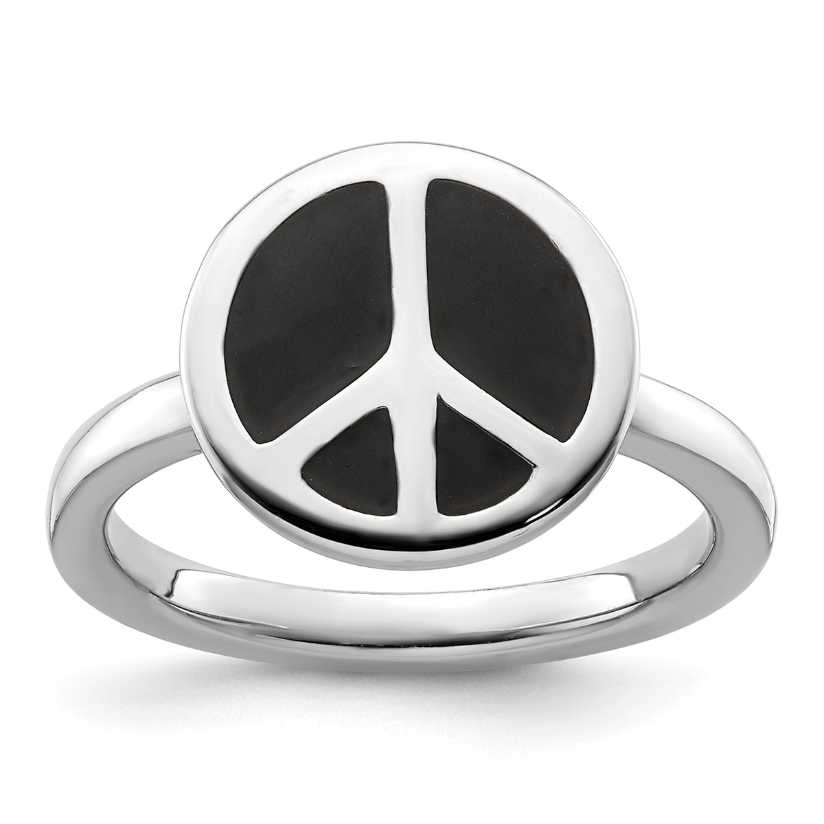 Sterling Silver Stackable Expressions Pol. Black Enameled Peace Sign Ring