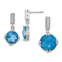 Sterling Silver Rhod-plated Blue and Clear CZ Pendant and Earring Set
