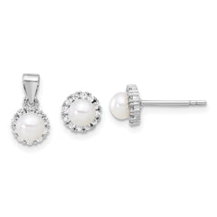 Sterling Silver Rh-plated 4-4.5mm FWC Pearl and CZ Earrings and Pendant Set