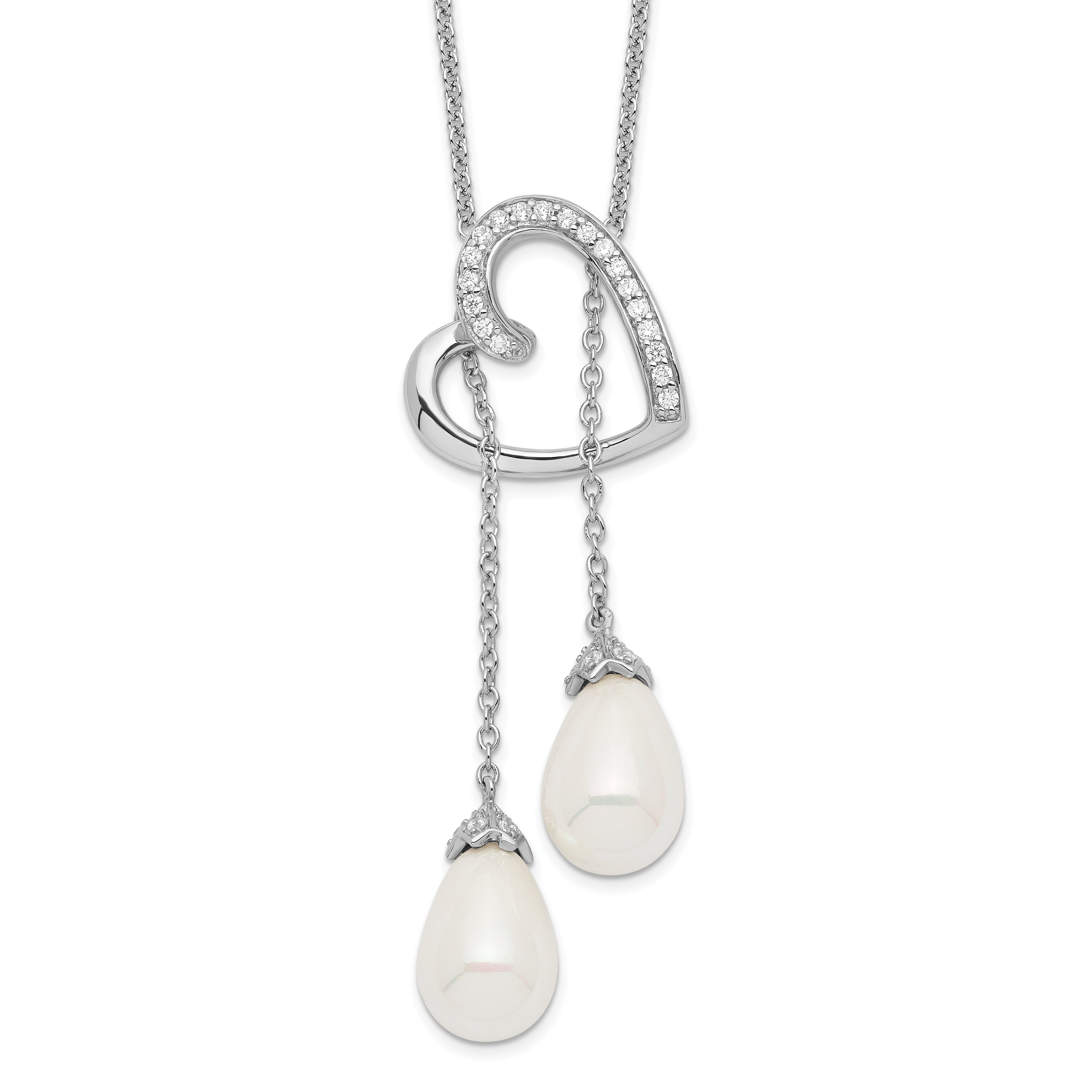 Sentimental Expressions Sterling Silver Rhodium-plated FW Cultured Pearl CZ Two Become One 18in Heart Necklace