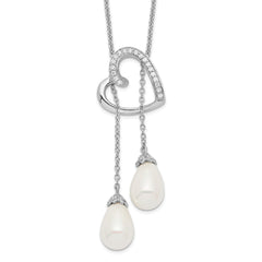 Sentimental Expressions Sterling Silver Rhodium-plated FW Cultured Pearl CZ Two Become One 18in Heart Necklace