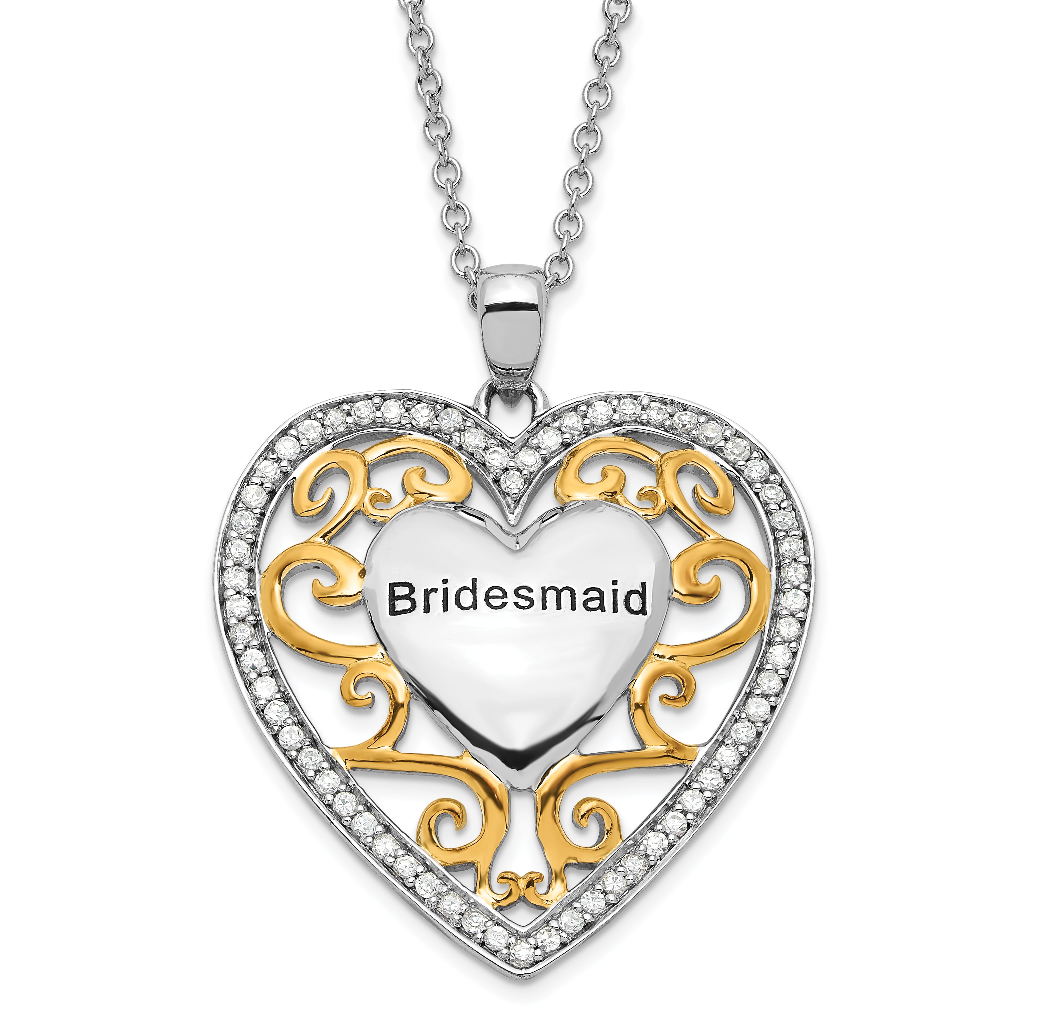 Sentimental Expressions Sterling Silver & Gold-plated Polished & Antiqued CZ Bridesmaid Heart Necklace