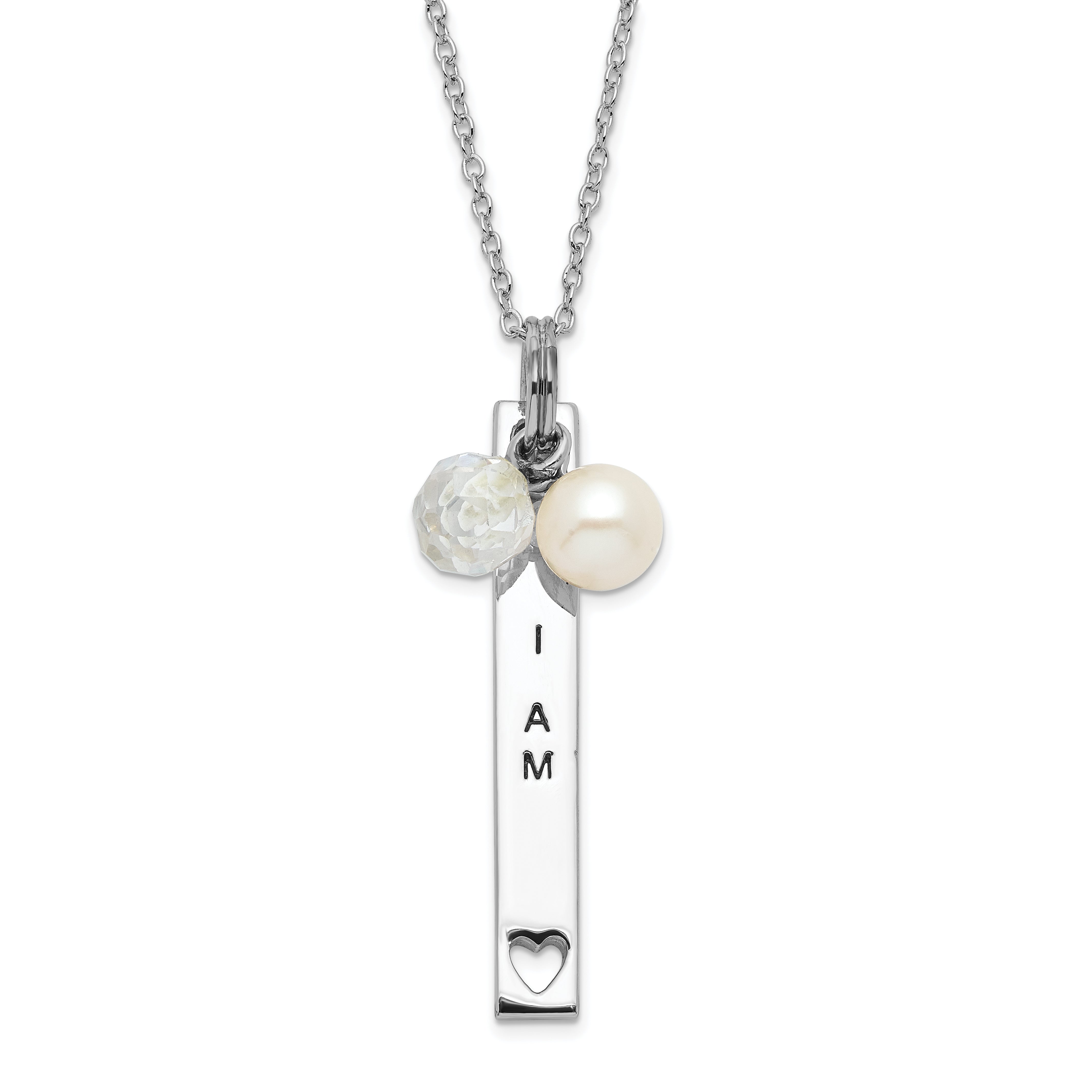 Sentimental Expressions Sterling Silver Polished & Antiqued Freshwater Cultured Pearl & CZ I Am A Keeper Necklace