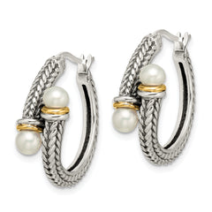 Sophia Jewelers Sterling Silver Pearl Hoop Earrings with 14K Gold Accent