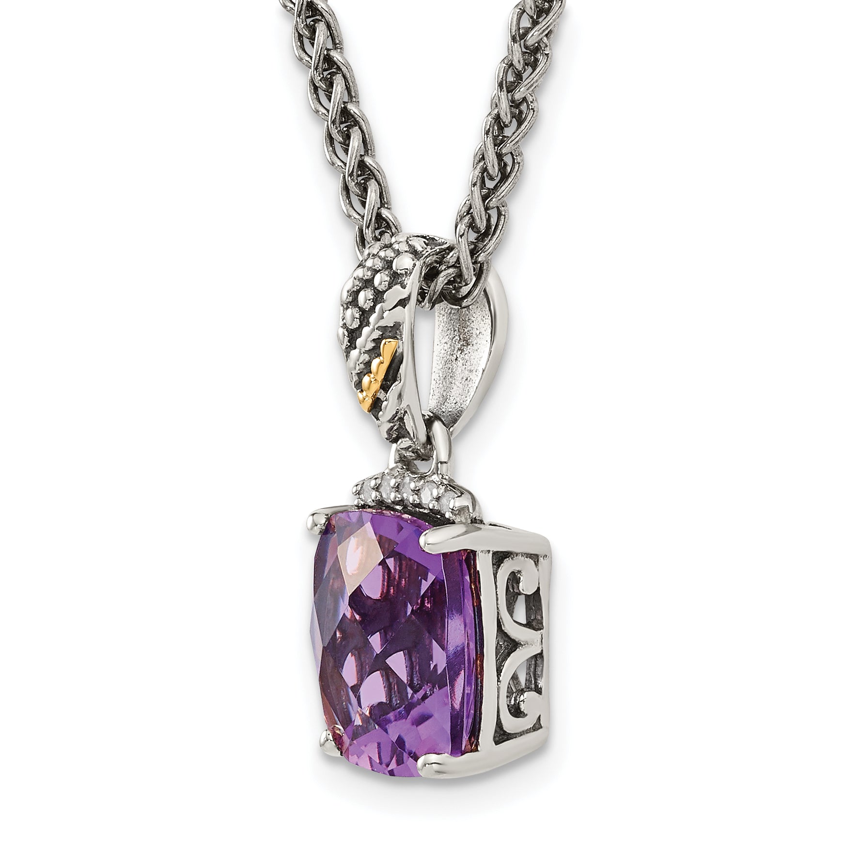 Shey Couture Sterling Silver with 14K Accent 18 Inch Antiqued Diamond and Checkerboard-cut Cushion Amethyst Necklace