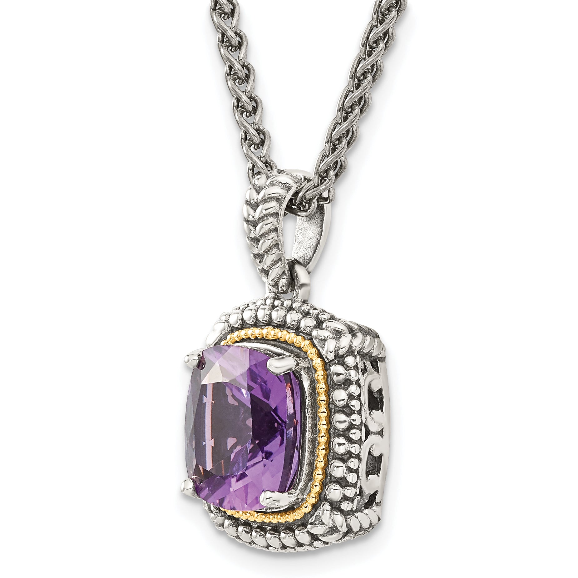 Shey Couture Sterling Silver with 14K Accent 18 Inch Antiqued Cushion Amethyst Necklace
