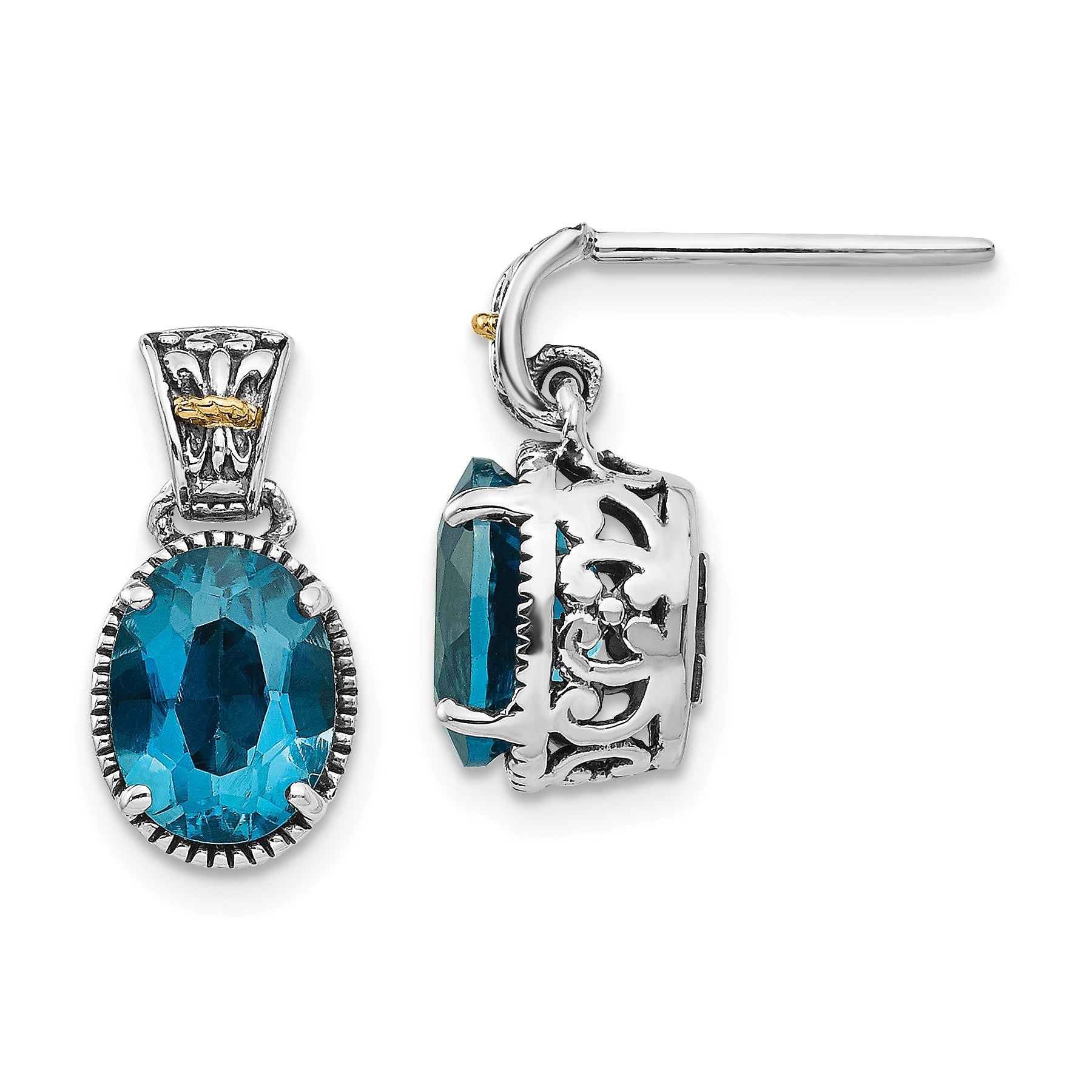 Shey Couture Sterling Silver with 14K Accent Antiqued Oval London Blue Topaz Post Dangle Earrings