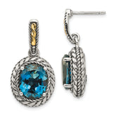 Shey Couture Sterling Silver with 14K Accent Antiqued Oval London Blue Topaz Post Dangle Earrings