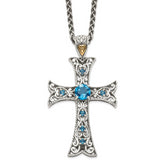 Shey Couture Sterling Silver with 14K Accent 18 Inch Antiqued Round London Blue Topaz Cross Necklace