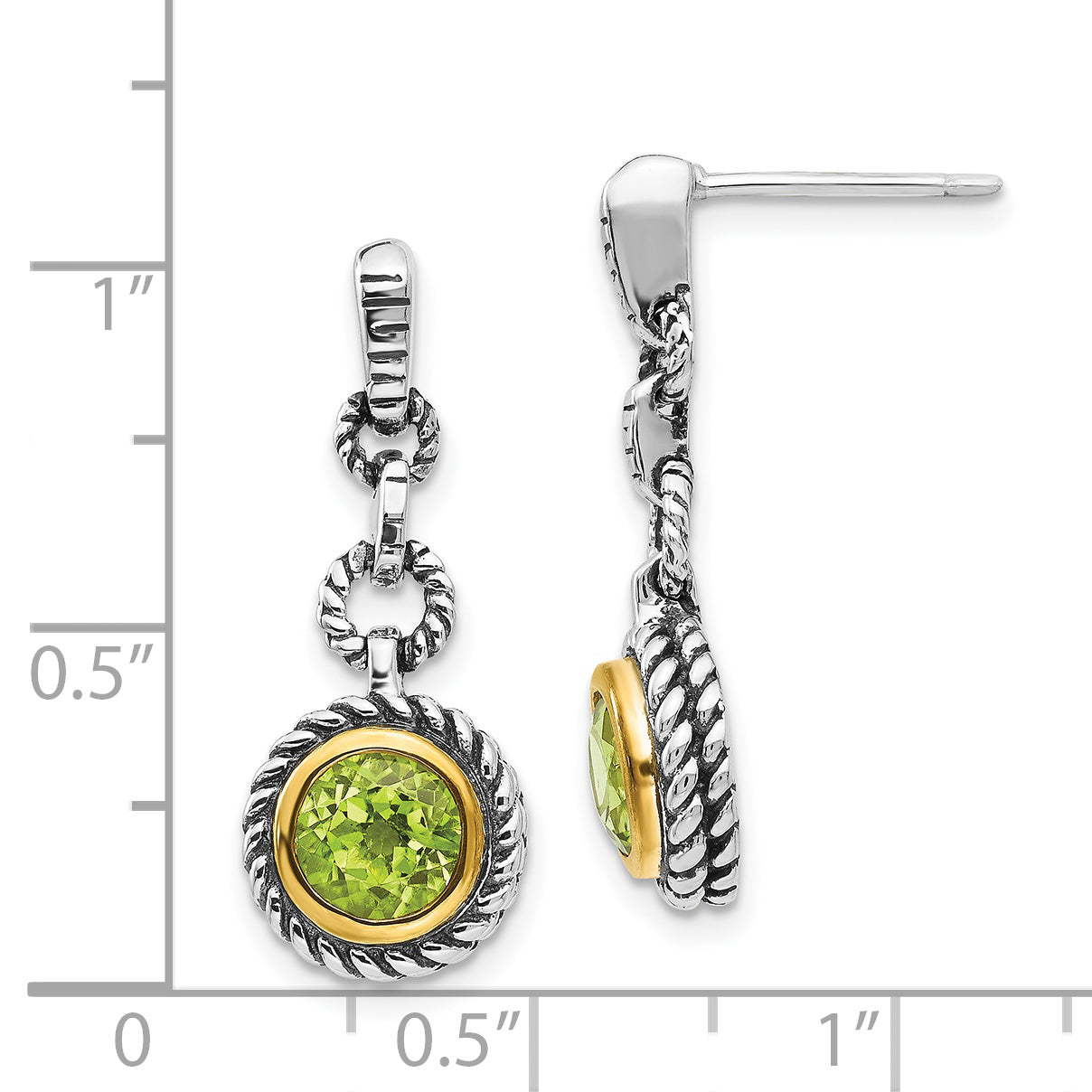 Shey Couture Sterling Silver Gold-tone Flash Gold-plated Antiqued Round Bezel Peridot Post Dangle Earrings