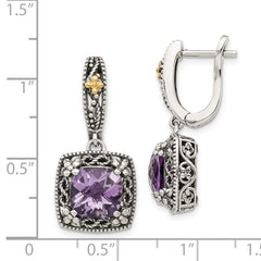 Shey Couture Sterling Silver with 14K Accent Antiqued Cushion Amethyst Hinged Hoop Dangle Earrings