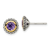 Shey Couture Sterling Silver with 14K Accent Antiqued Round Bezel Amethyst Post Earrings