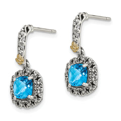 Shey Couture Sterling Silver with 14K Accent Antiqued Cushion Checkerboard Blue Topaz Post Dangle Earrings