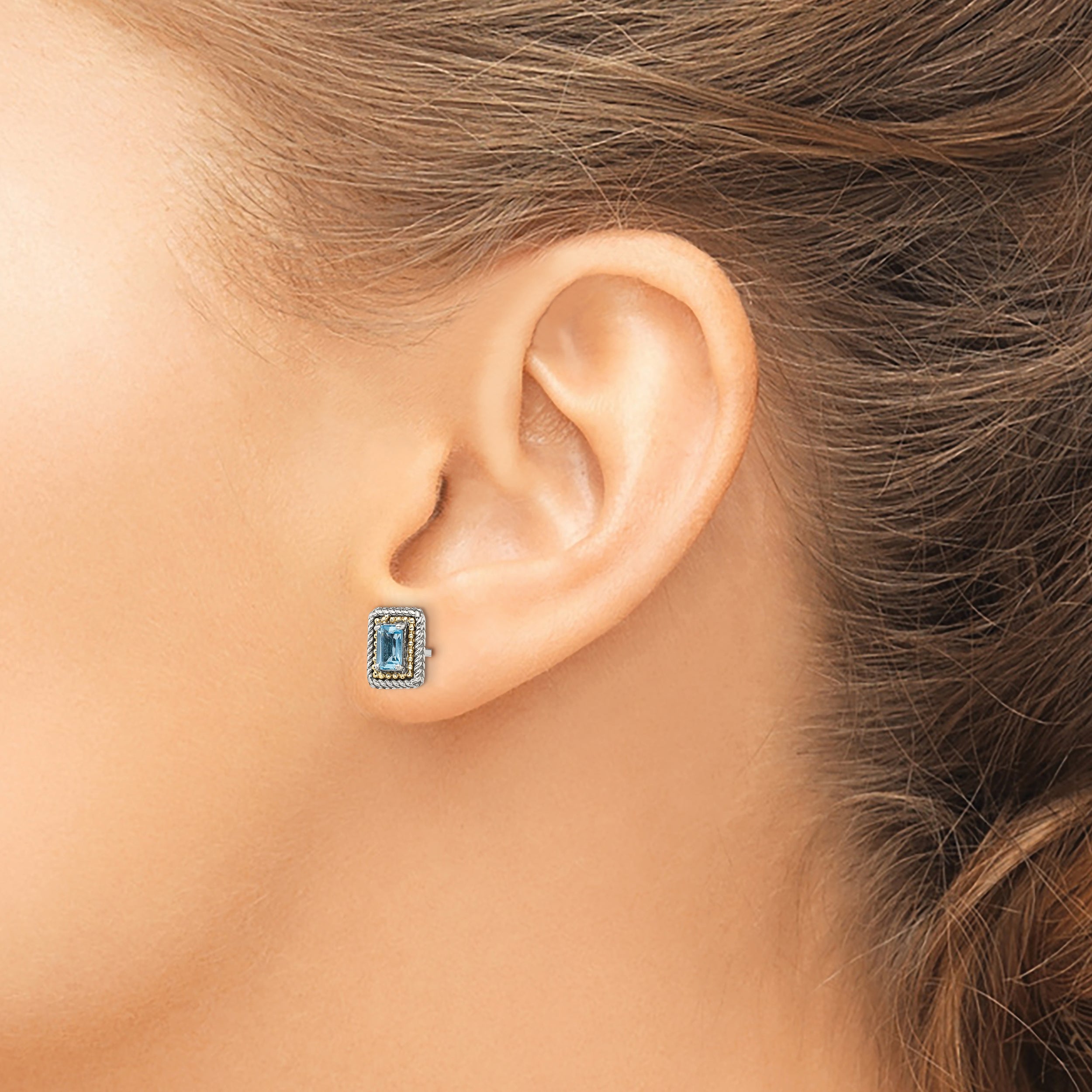 Shey Couture Sterling Silver with 14K Accent Antiqued Emerald-cut Blue Topaz Post Earrings