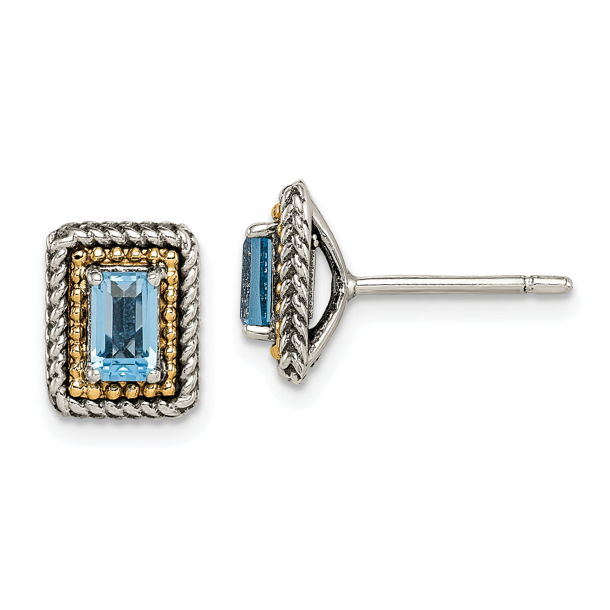Shey Couture Sterling Silver with 14K Accent Antiqued Emerald-cut Blue Topaz Post Earrings