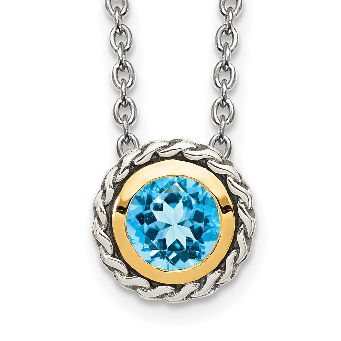 Shey Couture Sterling Silver with 14K Accent 18 Inch Antiqued Round Light Swiss Blue Topaz Necklace