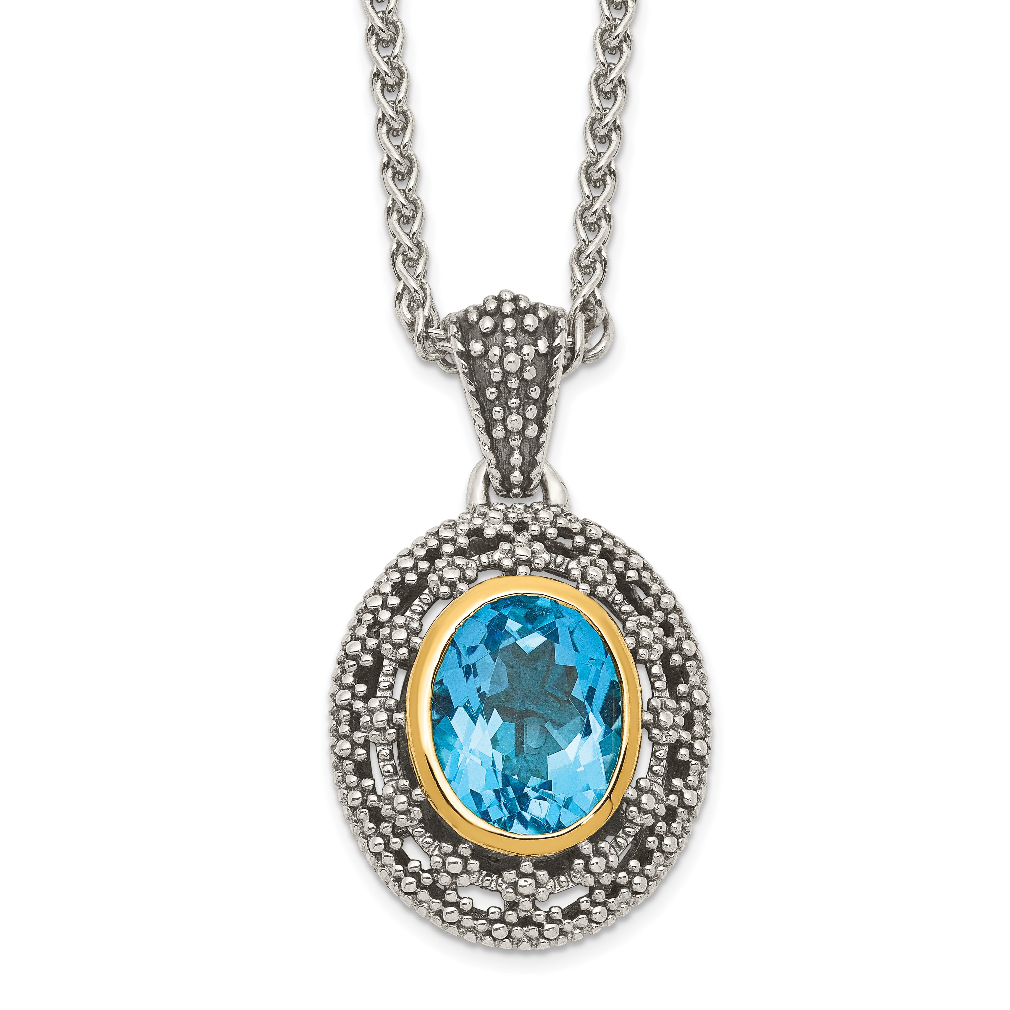 Shey Couture Sterling Silver with 14K Accent 18 Inch Antiqued Light Swiss Blue Topaz Oval Necklace