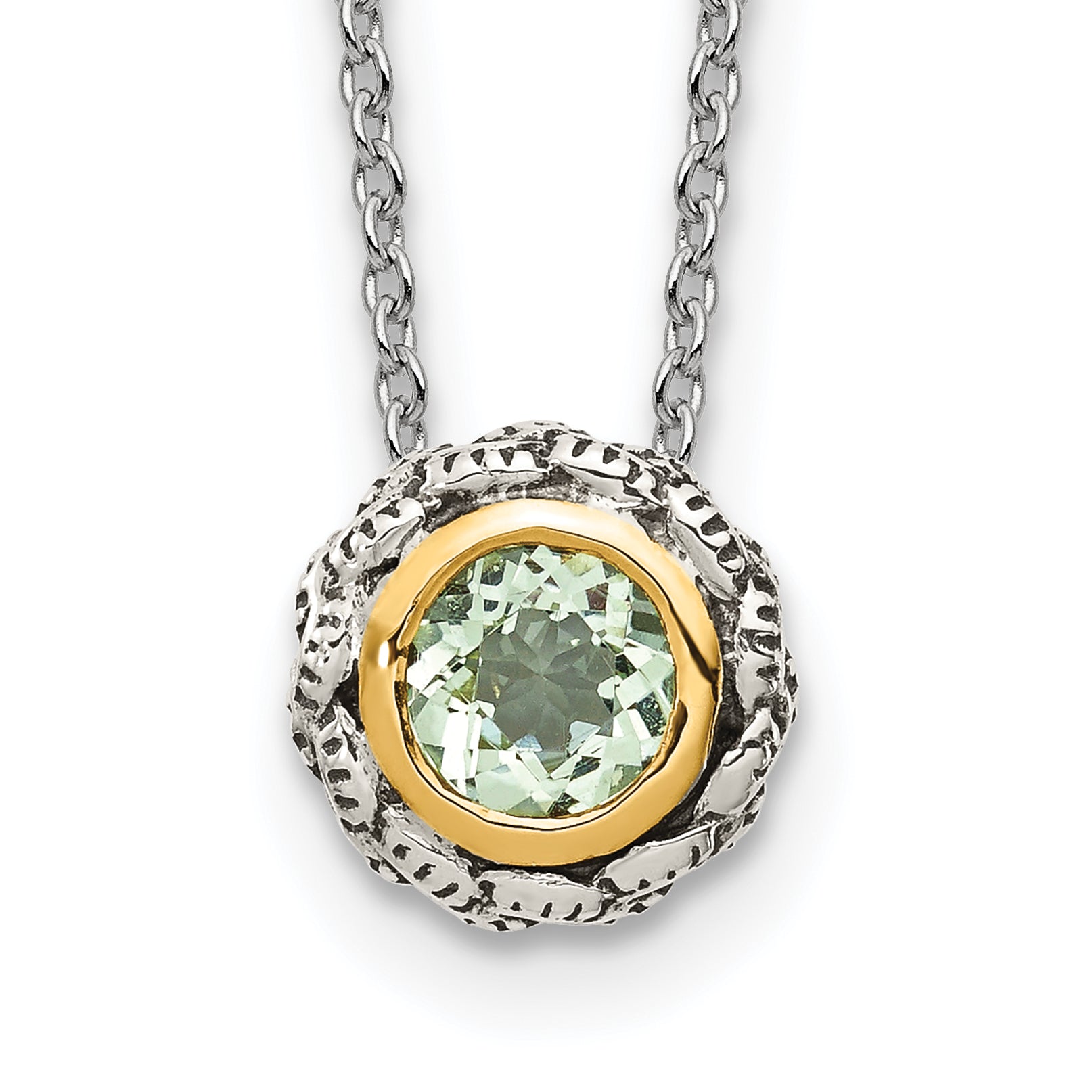 Shey Couture Sterling Silver with 14K Accent 18 Inch Antiqued Round Bezel Green Quartz Necklace