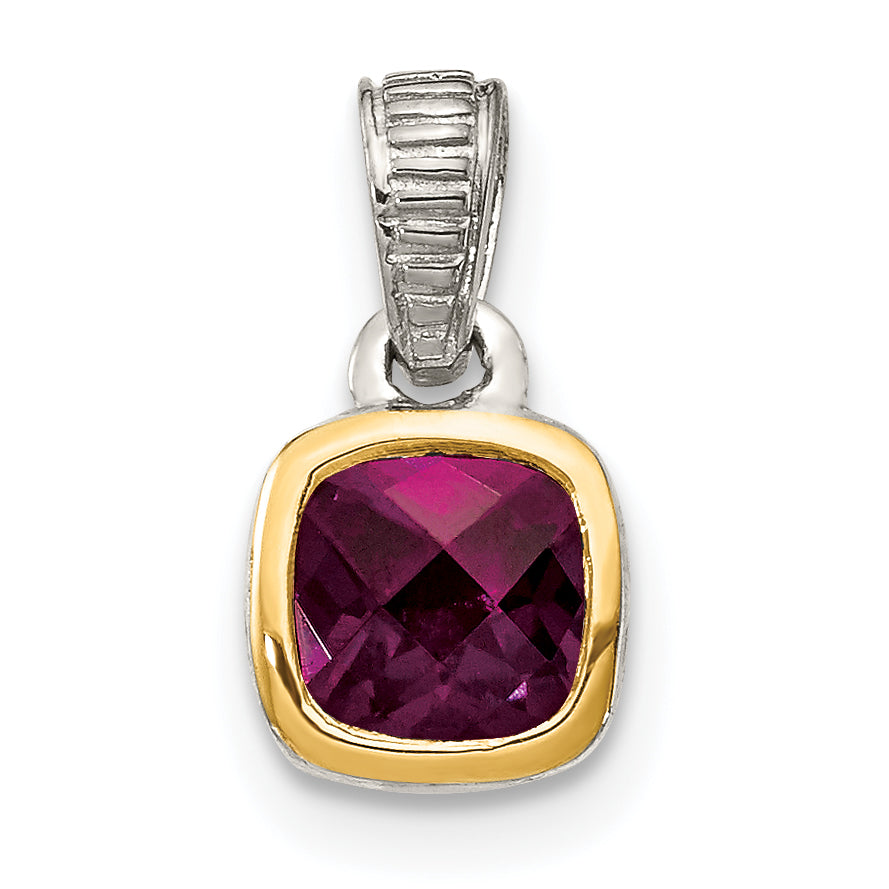 Shey Couture Sterling Silver Rhodium-plated with 14k Accent Polished Cushion-cut Rhodolite Garnet Pendant