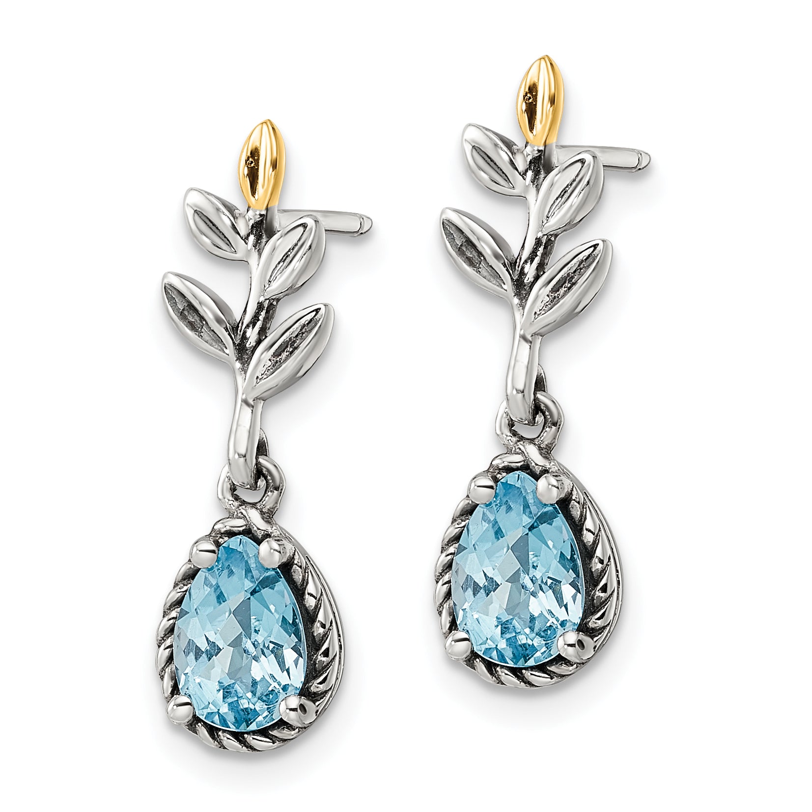 Shey Couture Sterling Silver with 14K Accent Antiqued Leaves Pear Shaped Checkerboard Light Swiss Blue Topaz Post Dangle Earrings