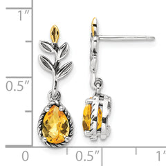 Shey Couture Sterling Silver with 14K Accent Antiqued Leaf Pear Shaped Citrine Dangle Post Earrings