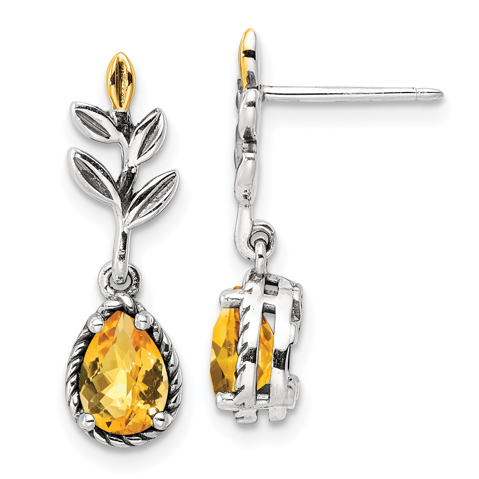 Shey Couture Sterling Silver with 14K Accent Antiqued Leaf Pear Shaped Citrine Dangle Post Earrings