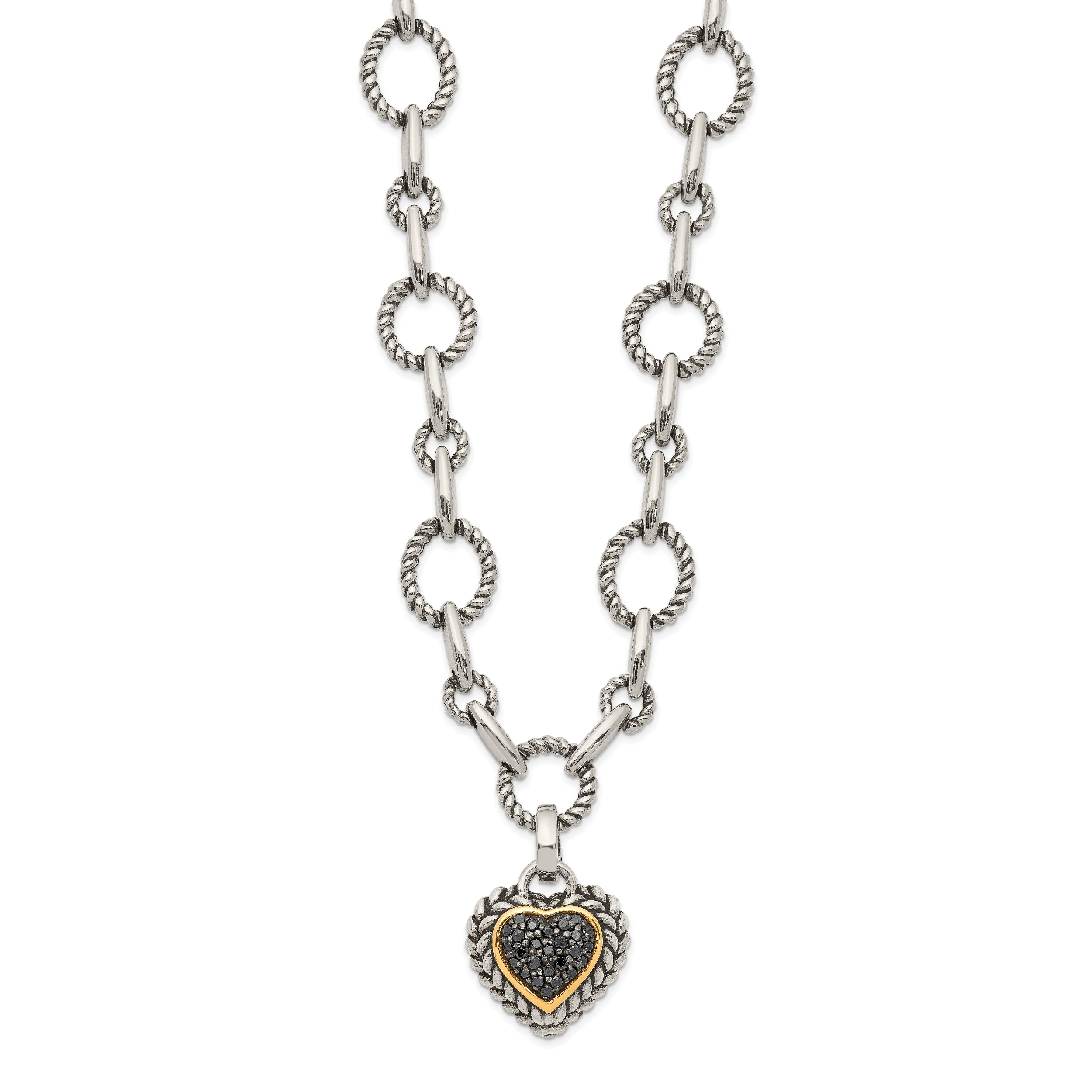 Shey Couture Sterling Silver with 14K Accent 17 Inch Antiqued Black Diamond Heart Drop Necklace