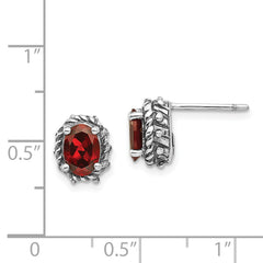 Sterling Silver Antiqued Garnet Stud Earrings for Women, Vintage Elegance