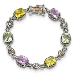 Shey Couture Sterling Silver with 14K Accent 7.25 Inch Antiqued Cushion 4.4Pink Quartz/4.4Green Quartz/4.4Lemon Quartz Bracelet