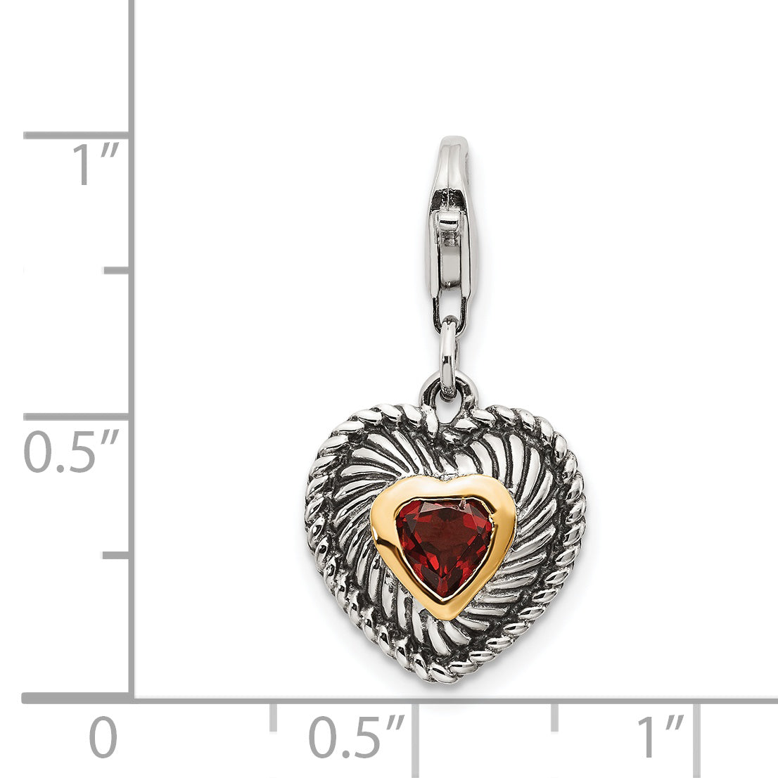 Shey Couture Sterling Silver with 14K Accent Antiqued Heart Shaped Garnet with Lobster Clasp Heart Charm