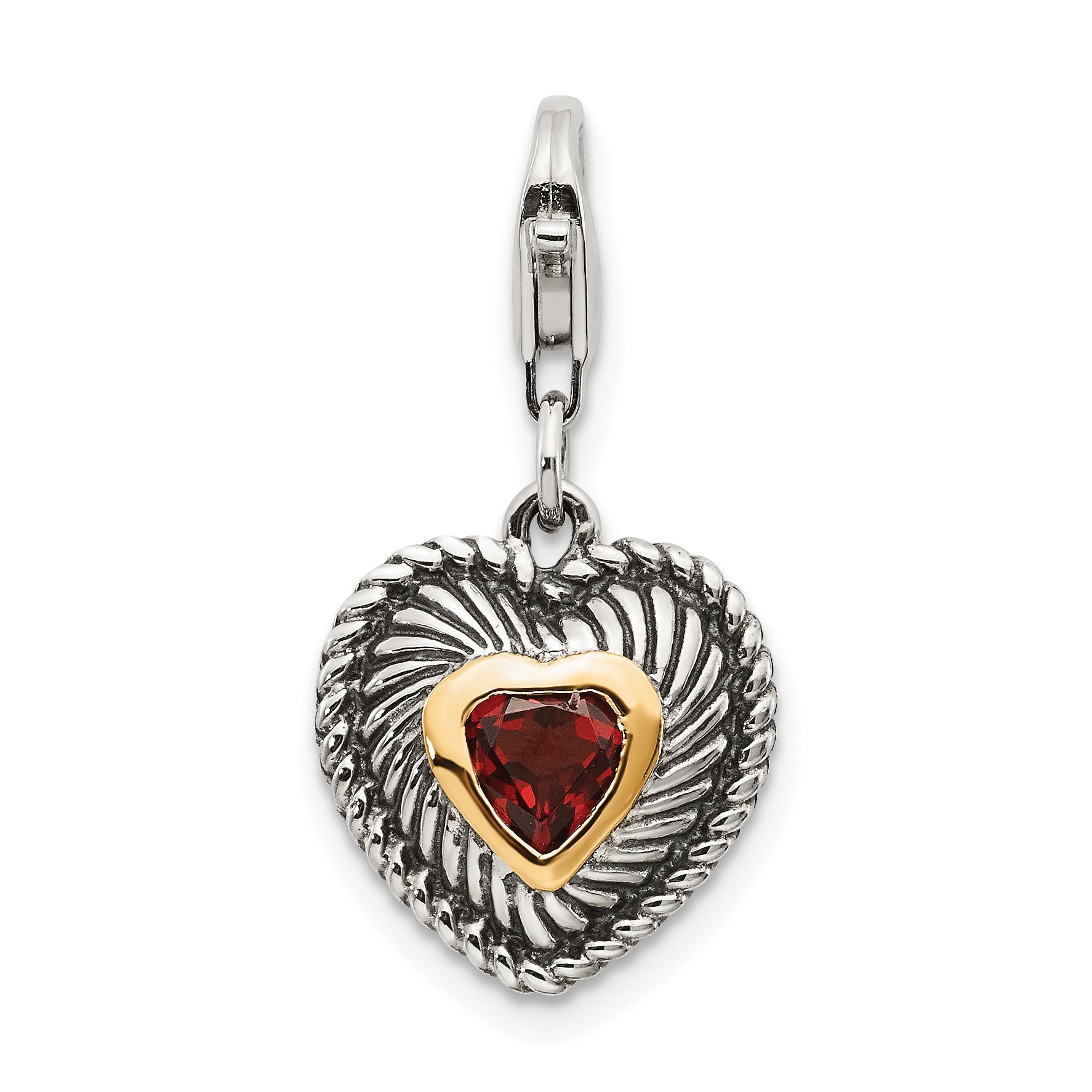 Shey Couture Sterling Silver with 14K Accent Antiqued Heart Shaped Garnet with Lobster Clasp Heart Charm