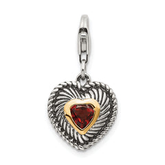Shey Couture Sterling Silver with 14K Accent Antiqued Heart Shaped Garnet with Lobster Clasp Heart Charm