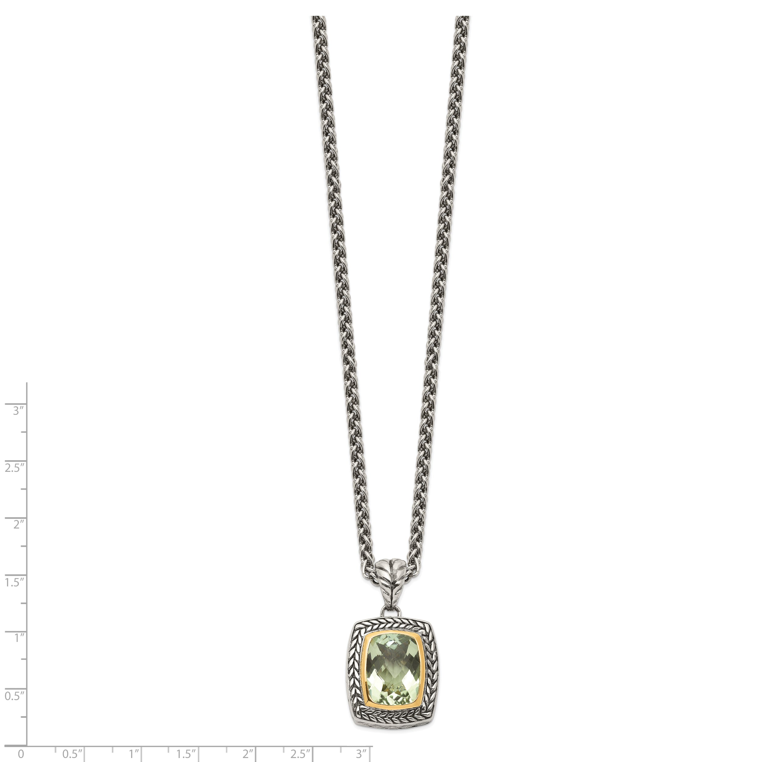 Shey Couture Sterling Silver with 14K Accent 18 Inch Antiqued Cushion Bezel Green Quartz Necklace