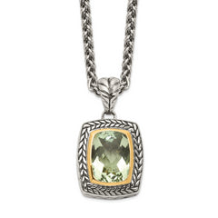 Shey Couture Sterling Silver with 14K Accent 18 Inch Antiqued Cushion Bezel Green Quartz Necklace