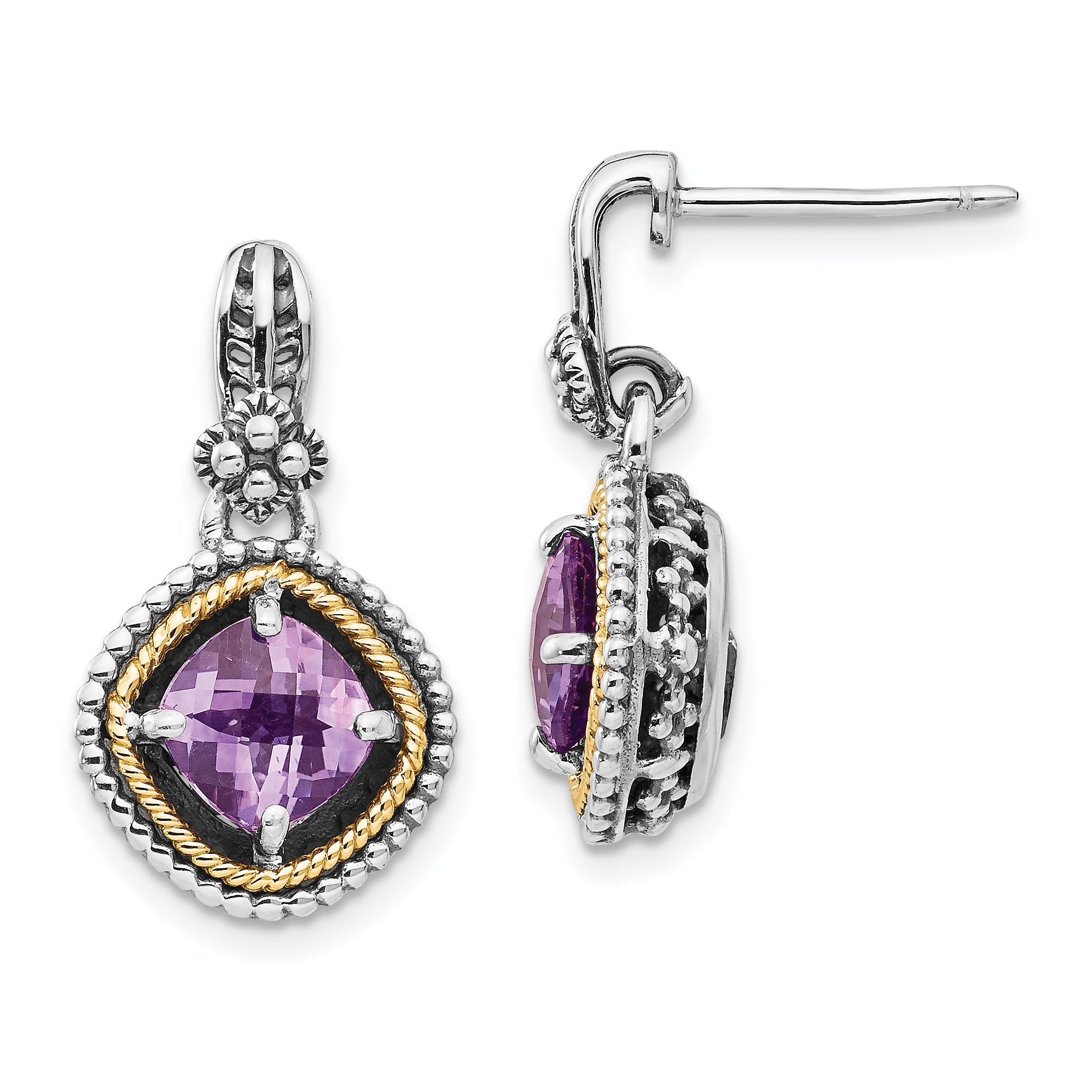 Shey Couture Sterling Silver with 14K Accent Antiqued Cushion Amethyst Post Dangle Earrings