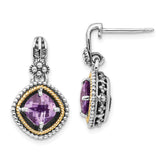 Shey Couture Sterling Silver with 14K Accent Antiqued Cushion Amethyst Post Dangle Earrings