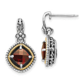 Shey Couture Sterling Silver with 14K Accent Antiqued Checkerboard Cushion Garnet Post Dangle Earrings