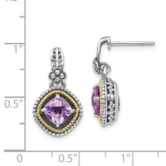 14K Gold Two-Tone Pink Quartz Drop Earrings with Rose de France Amethyst